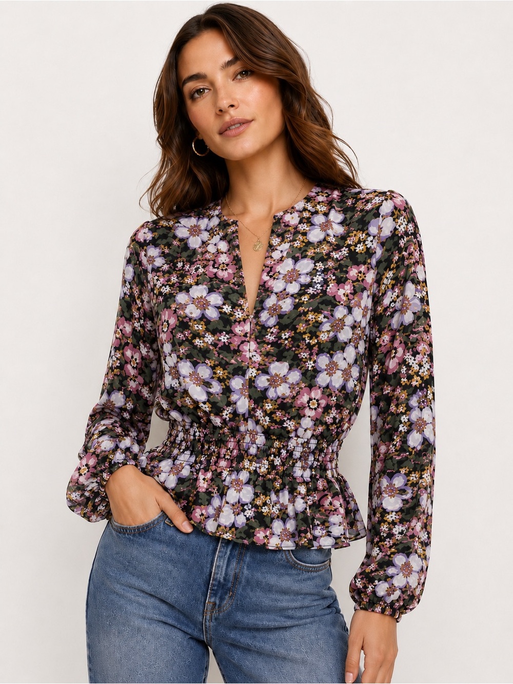 🌺 WAYF Floral Smocked Peplum Blouse